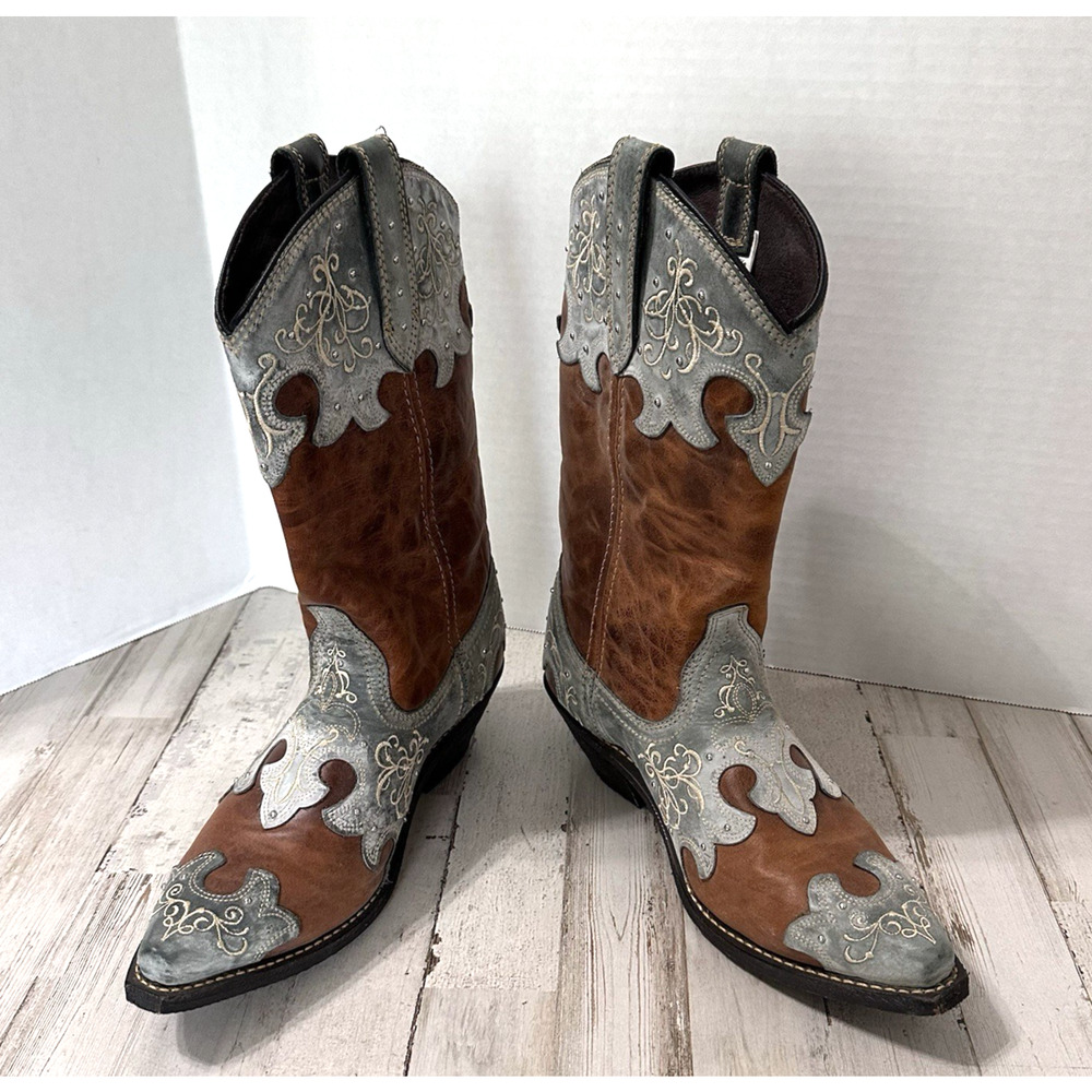 Rockin Country Womens Cowboy Leather Boots 8 Blue‎ Brown Cowgirl Rodeo Concert